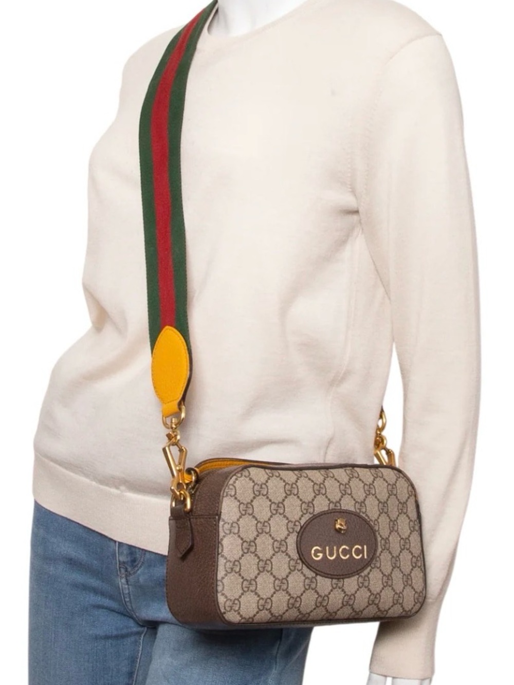 Gucci Neo GG Canvas Crossbody with Green-Red Strap and Yellow Accents
